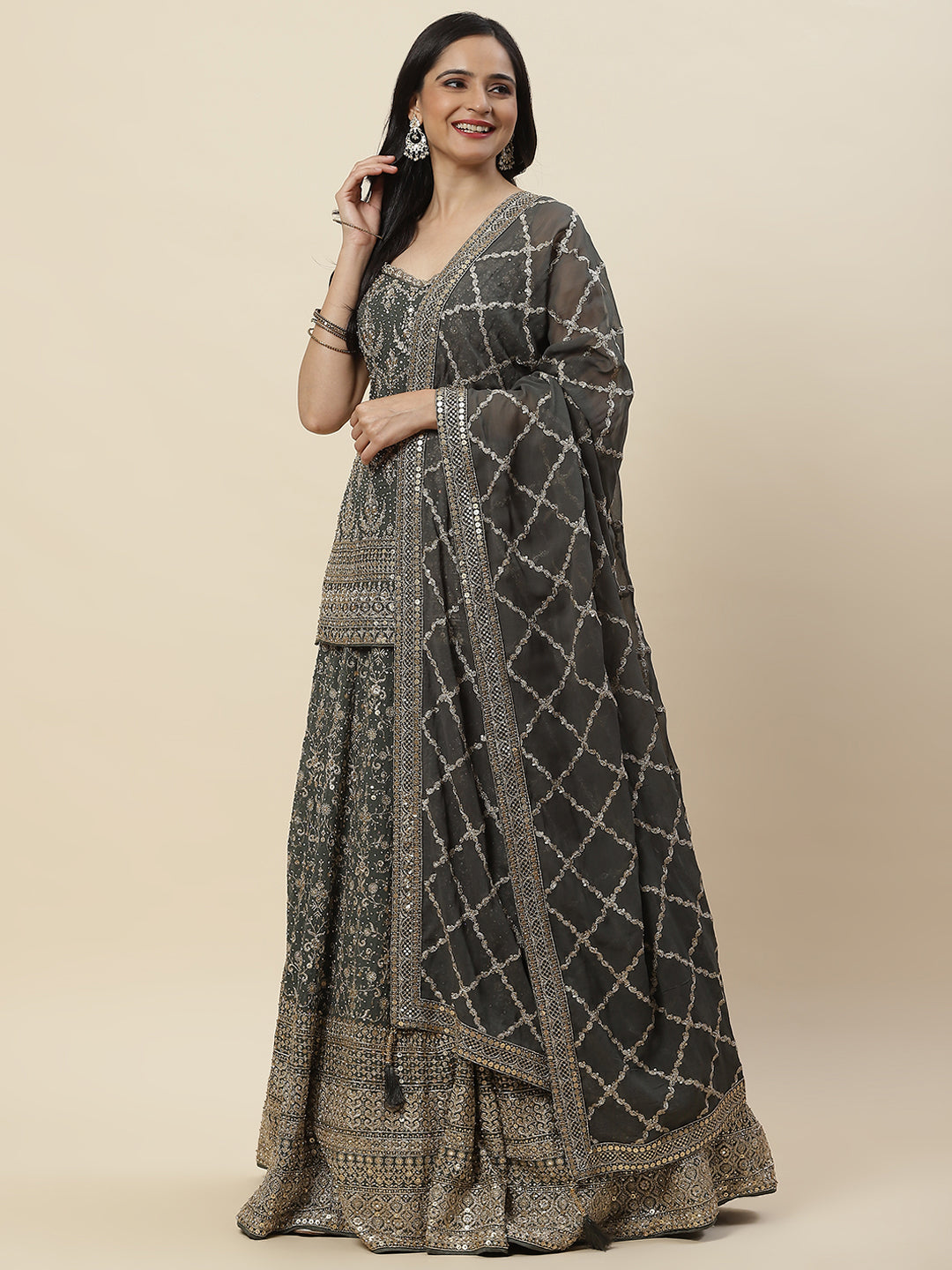 Sequence Embroidered Georgette Choli With Lehenga &amp; Dupatta