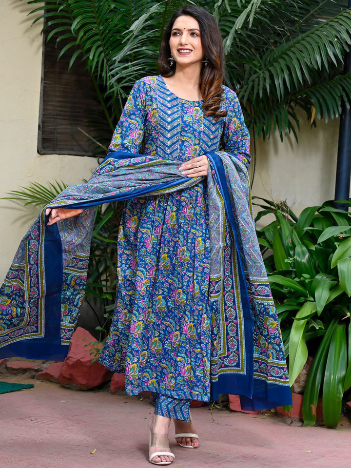 Floral Printed Cotton Kurta With Pants &amp; Dupatta