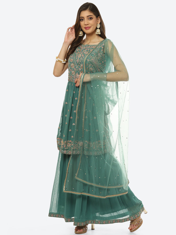 Embroidered Art Georgette Kurti With Sharara And Net Dupatta