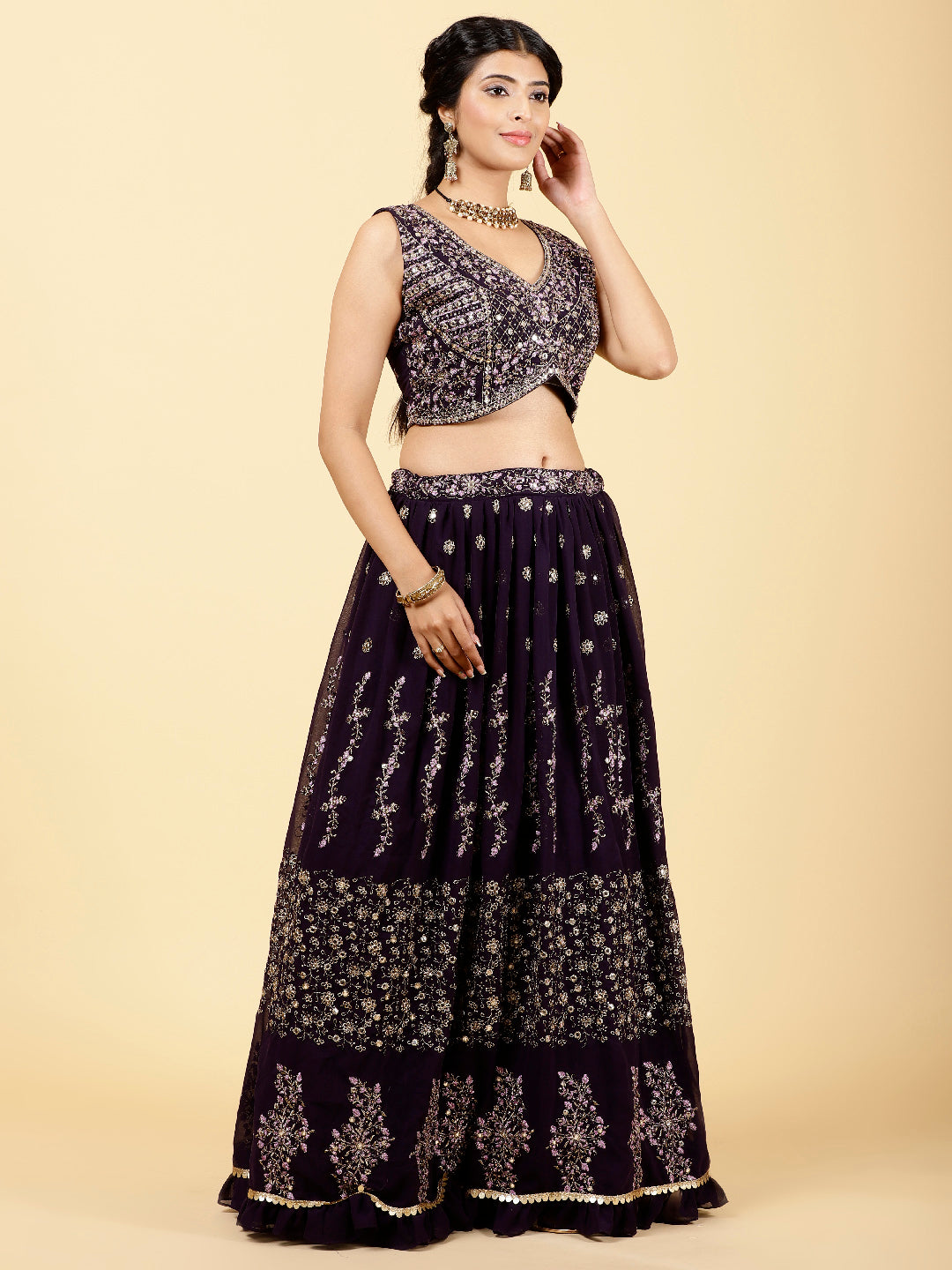 Zari Embroidered Georgette Choli With Lehenga &amp; Dupatta