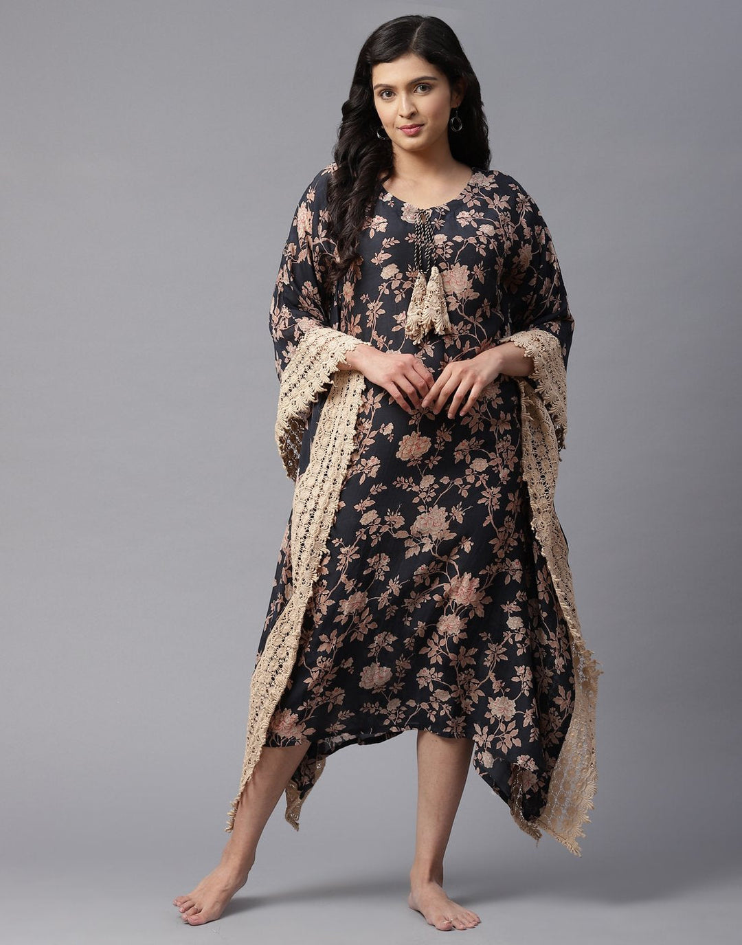 Cotton Printed Kaftan with Lace Detail