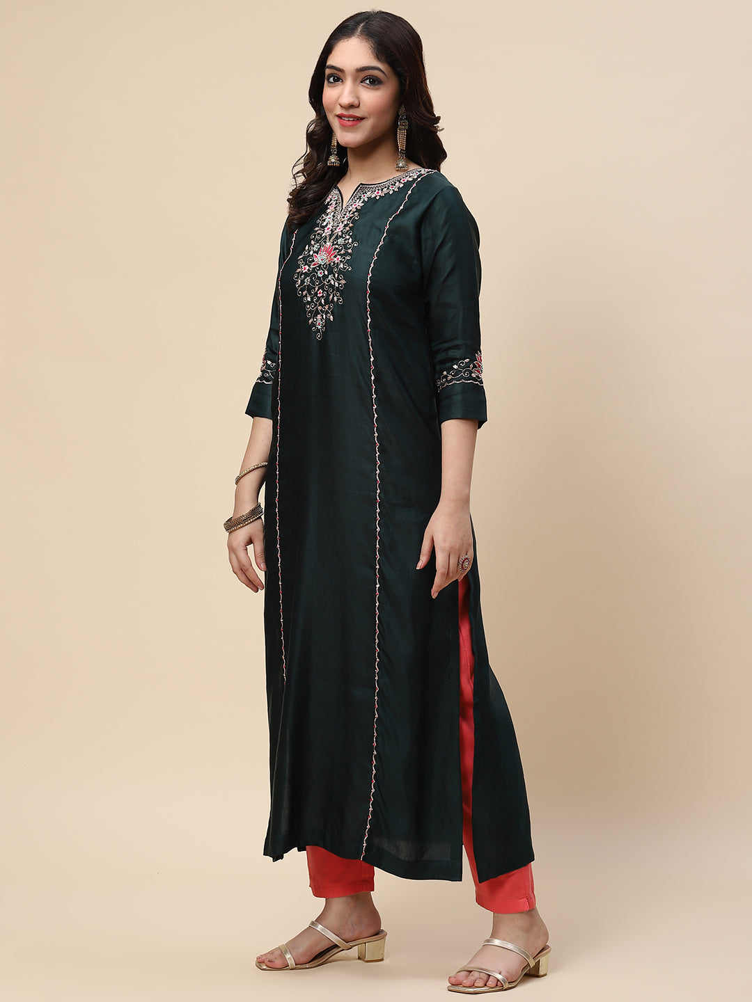 Neck Embroidered Satin Kurta
