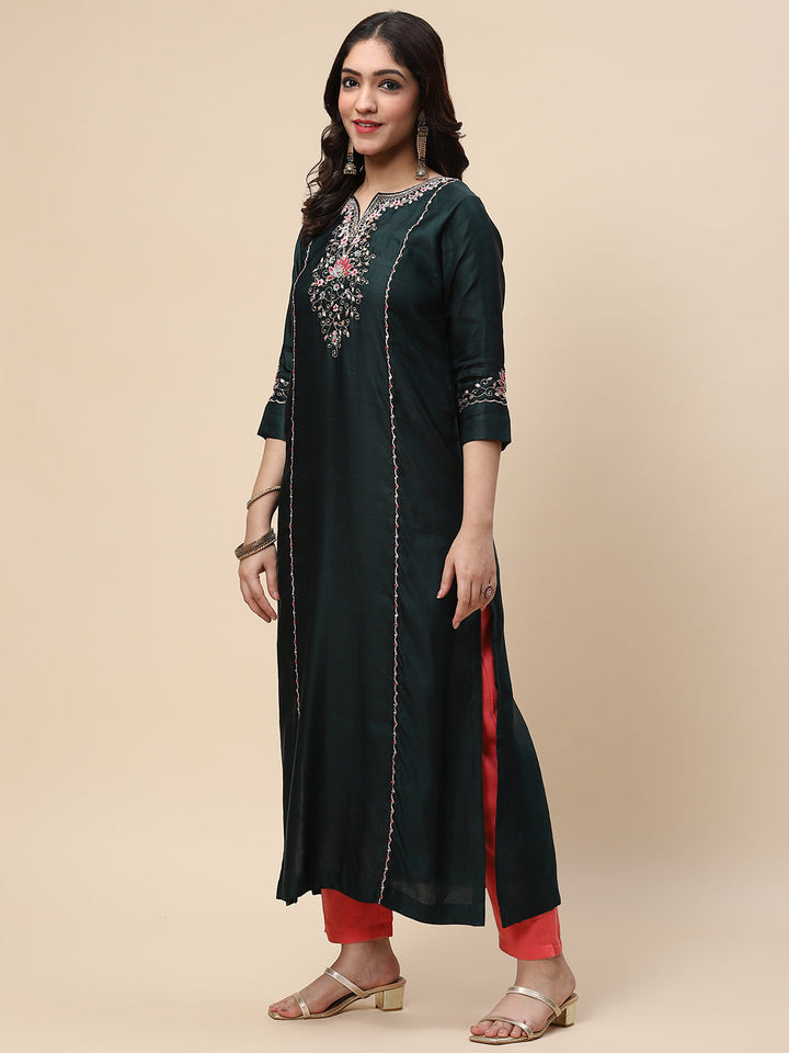 Neck Embroidered Satin Kurta