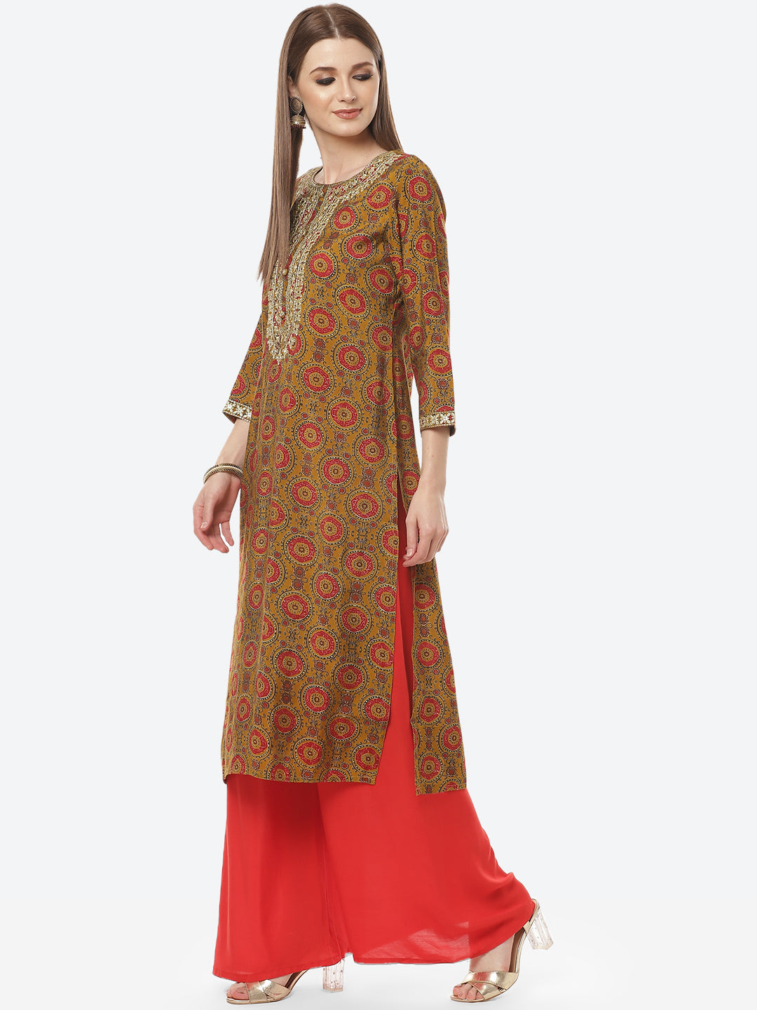 Printed Neck Embroidered Cotton Kurti