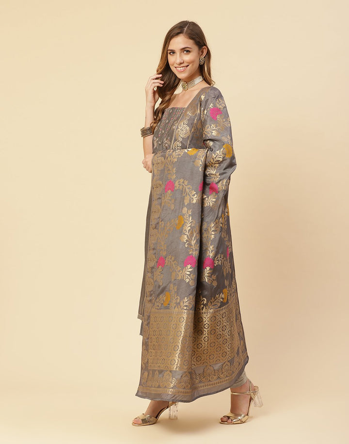 Embroidered Chanderi Suit Piece With Banarasi Dupatta