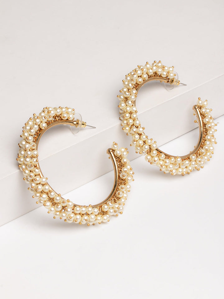 Golden &amp; White Pearl Hoop Earrings