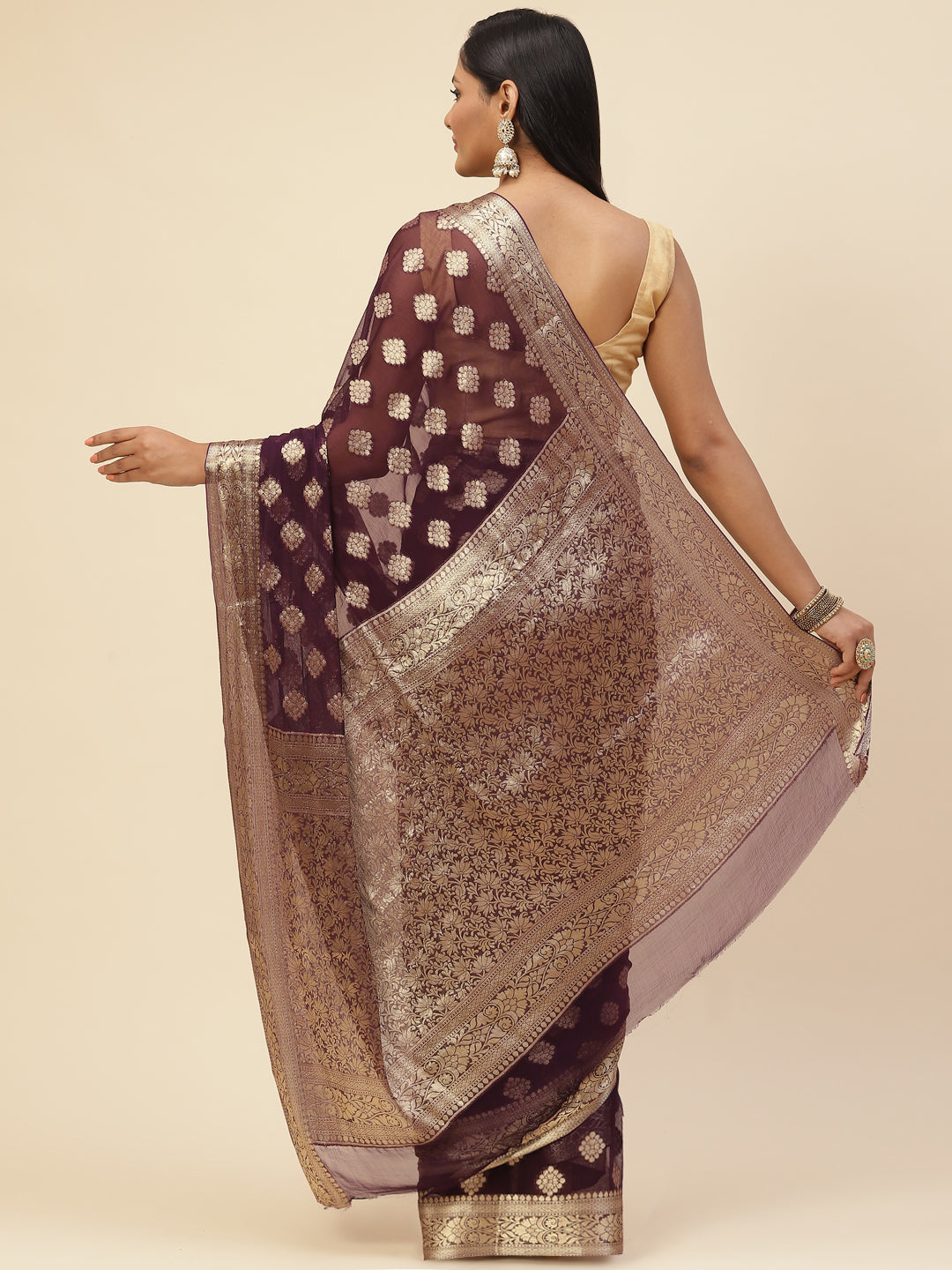 Zari Booti Chiffon Plain Saree