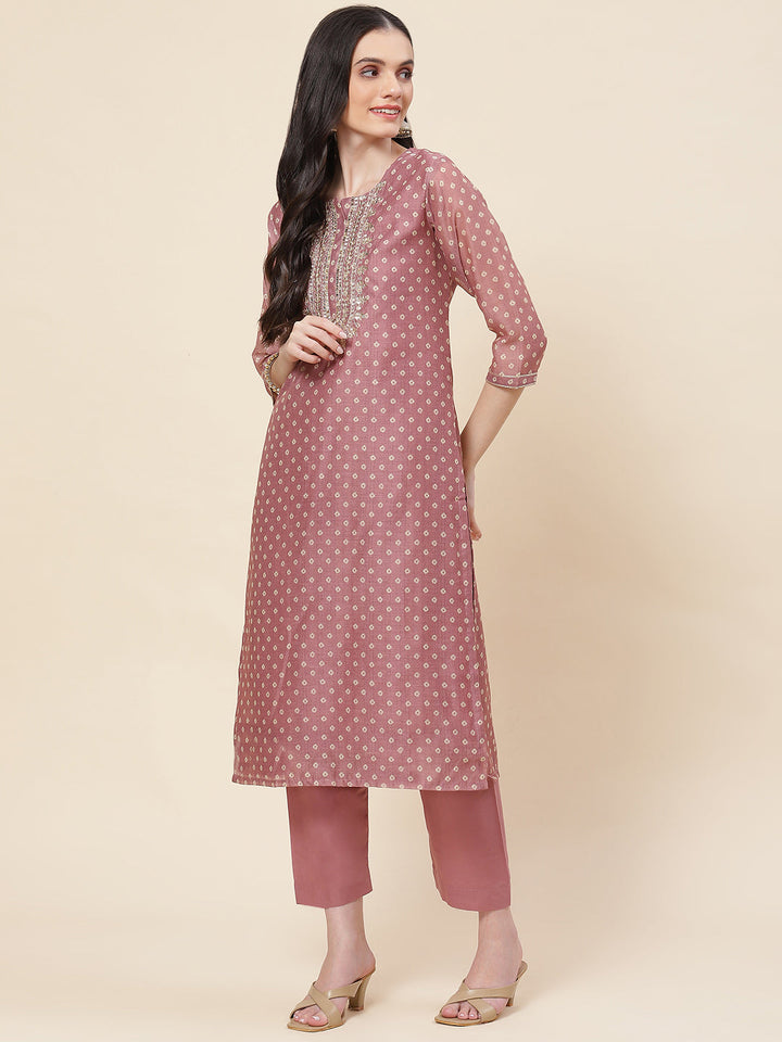 Printed &amp; Neck Embroidered Chanderi Kurta With Pants