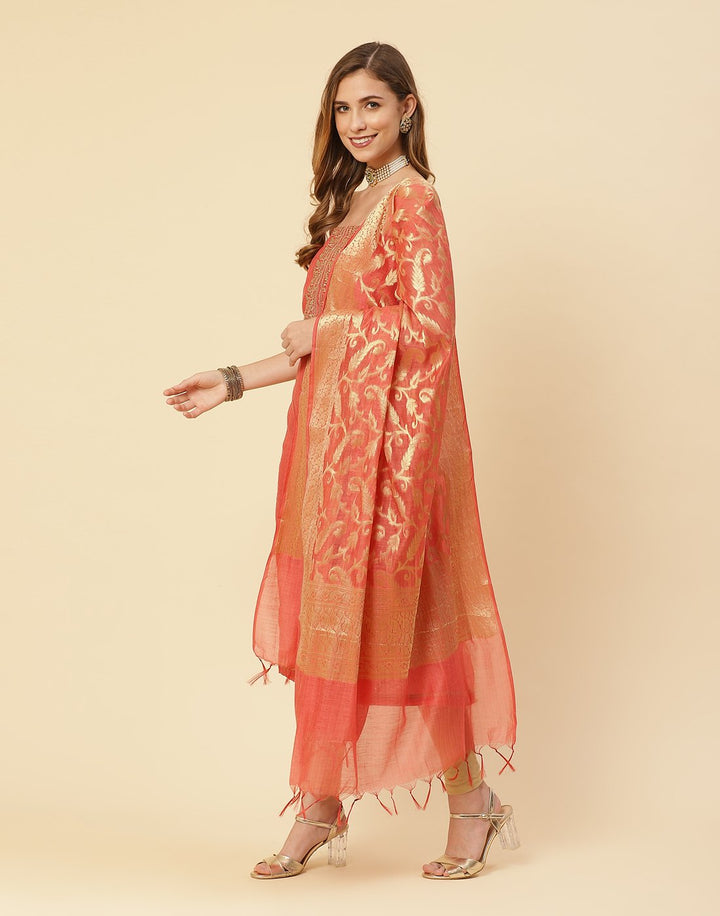Embroidered Chanderi Suit Piece With Chanderi Banarasi Dupatta