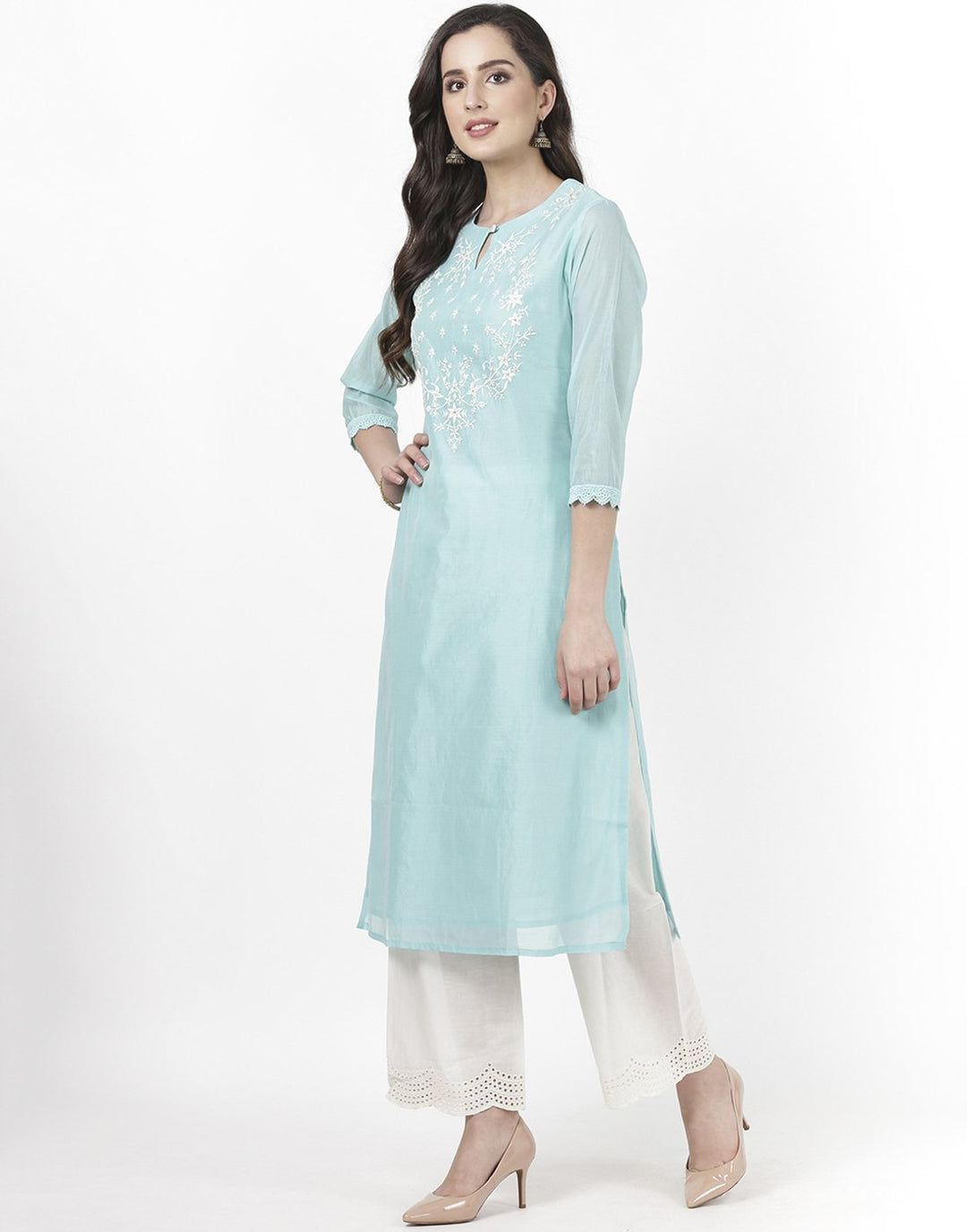 Sea Green Cream Chanderi Kurti with Palazzo