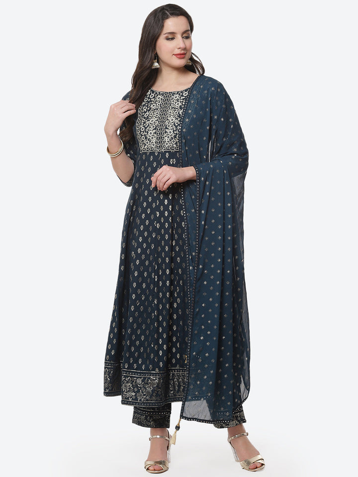 Printed Zari Neck Cotton Stitched Anarkali Salwar Kameez With Chiffon Dupatta