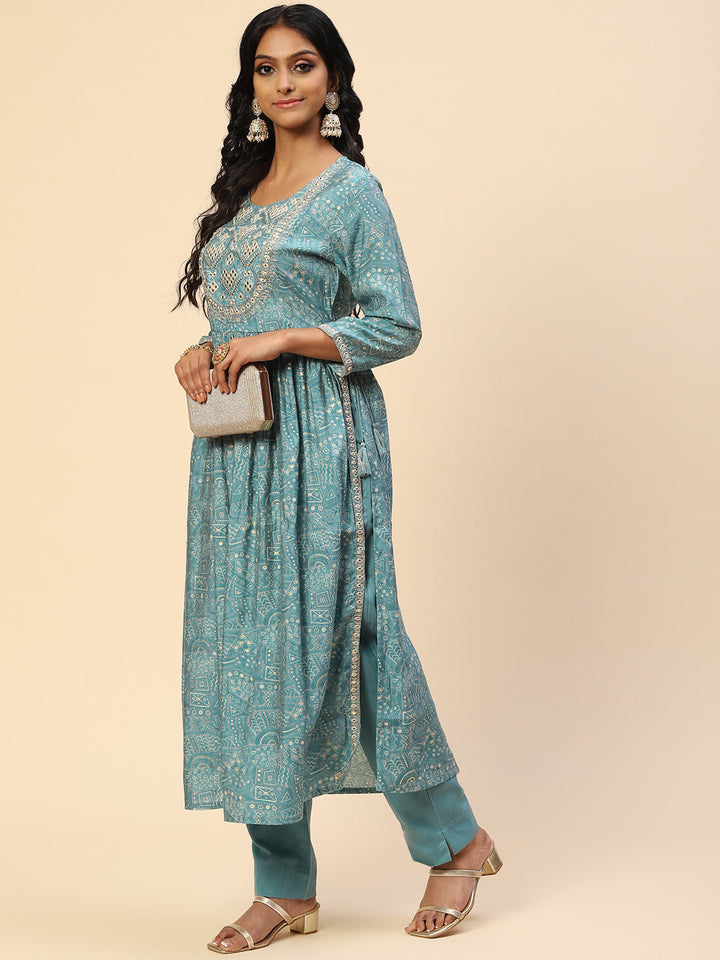 Embroidered Mirror Neck Printed Muslin Kurta With Pants