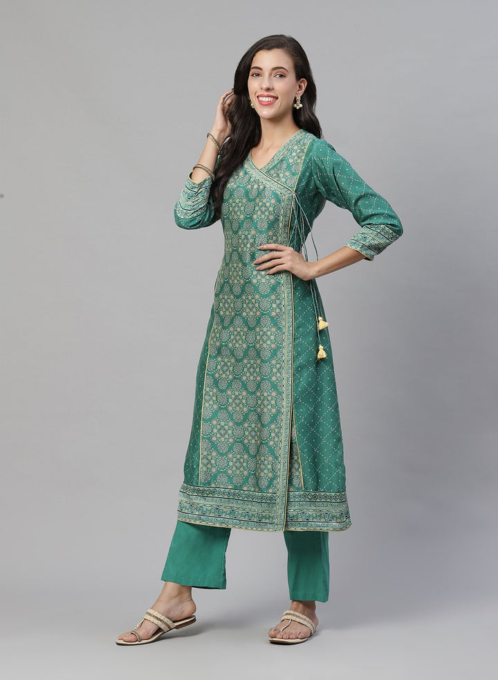 Printed Cotton Angrakha Kurti With Pant