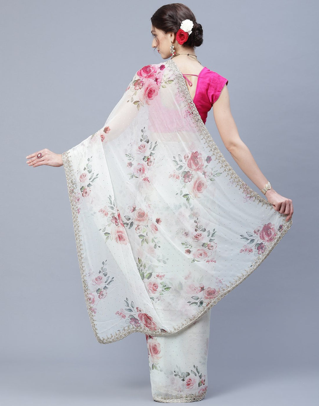 Digital Floral Printed Georgette Saree with Silver Zari Work  Border