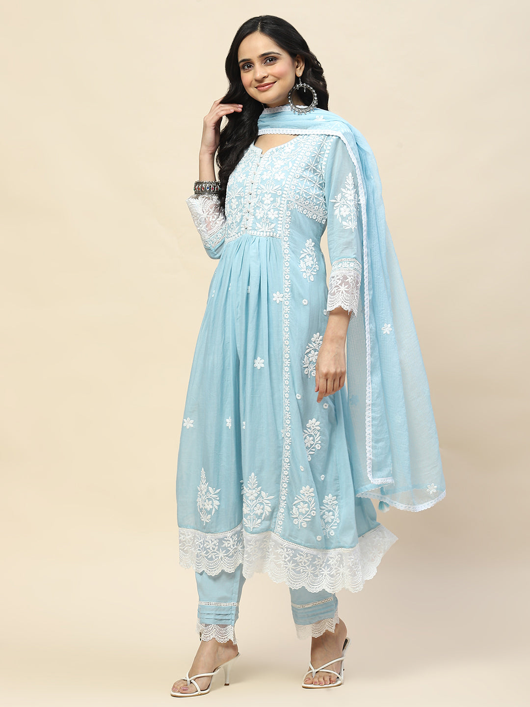 Neck Embroidery Cotton Anarkali With Pants &amp; Dupatta