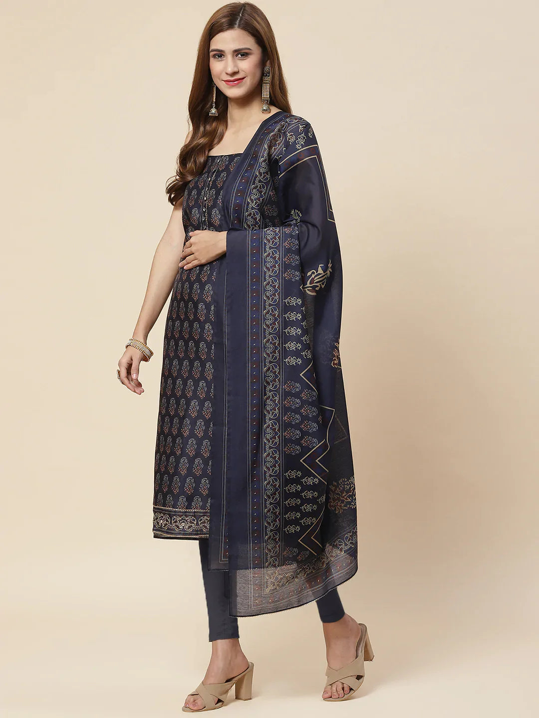 Indigo Printed Chanderi Unstitched Suit Piece With Dupatta