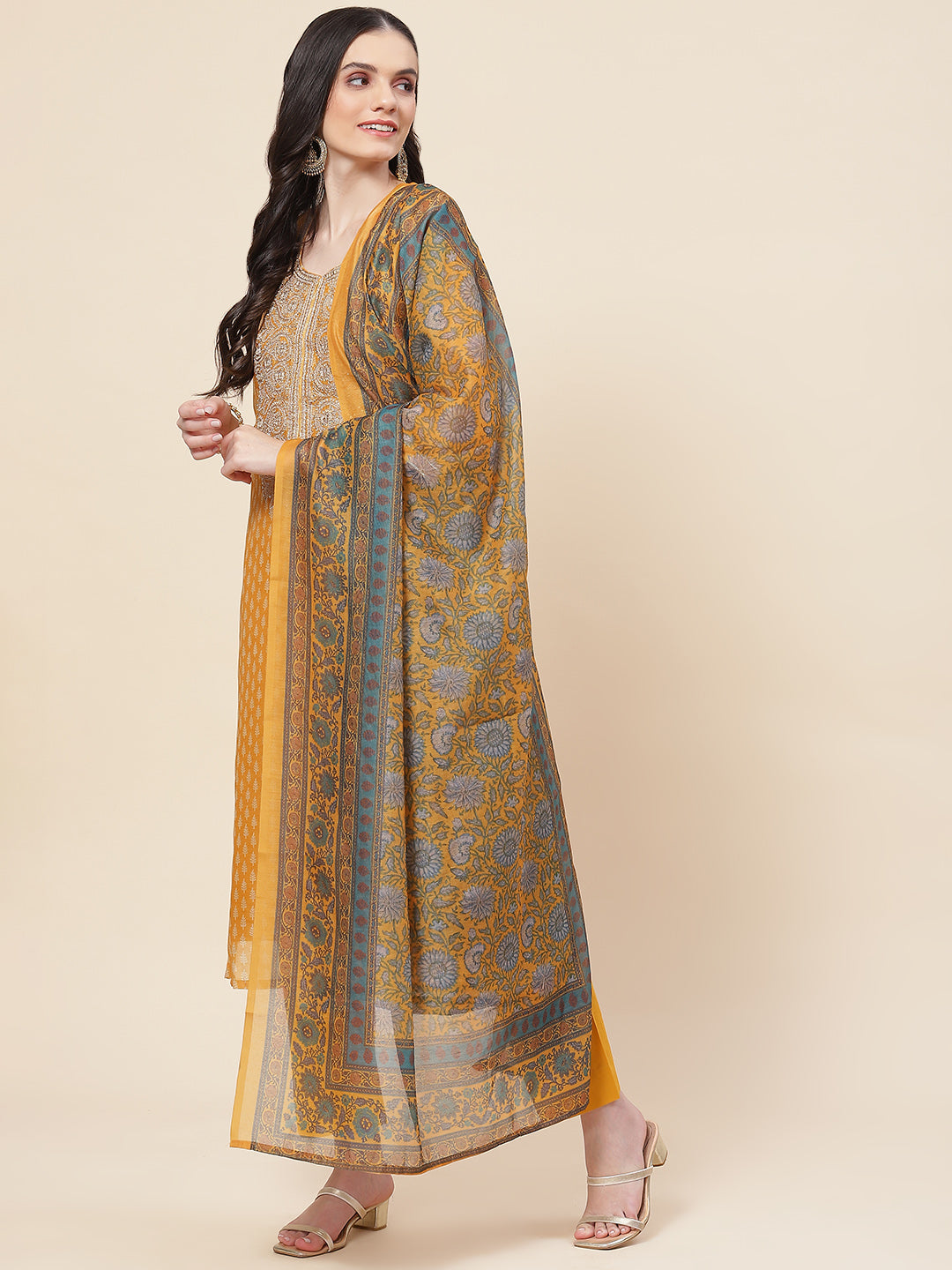 Printed &amp; Neck Embroidered Chanderi Kurta With Pants &amp; Dupatta