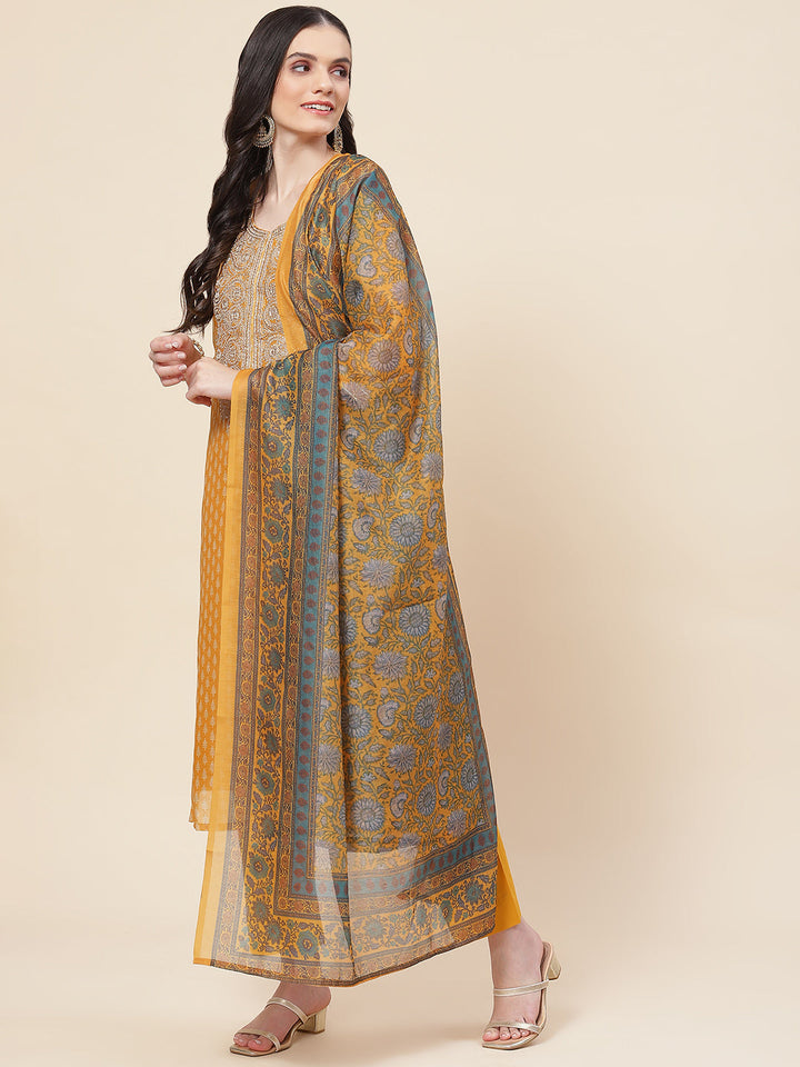 Printed &amp; Neck Embroidered Chanderi Kurta With Pants &amp; Dupatta