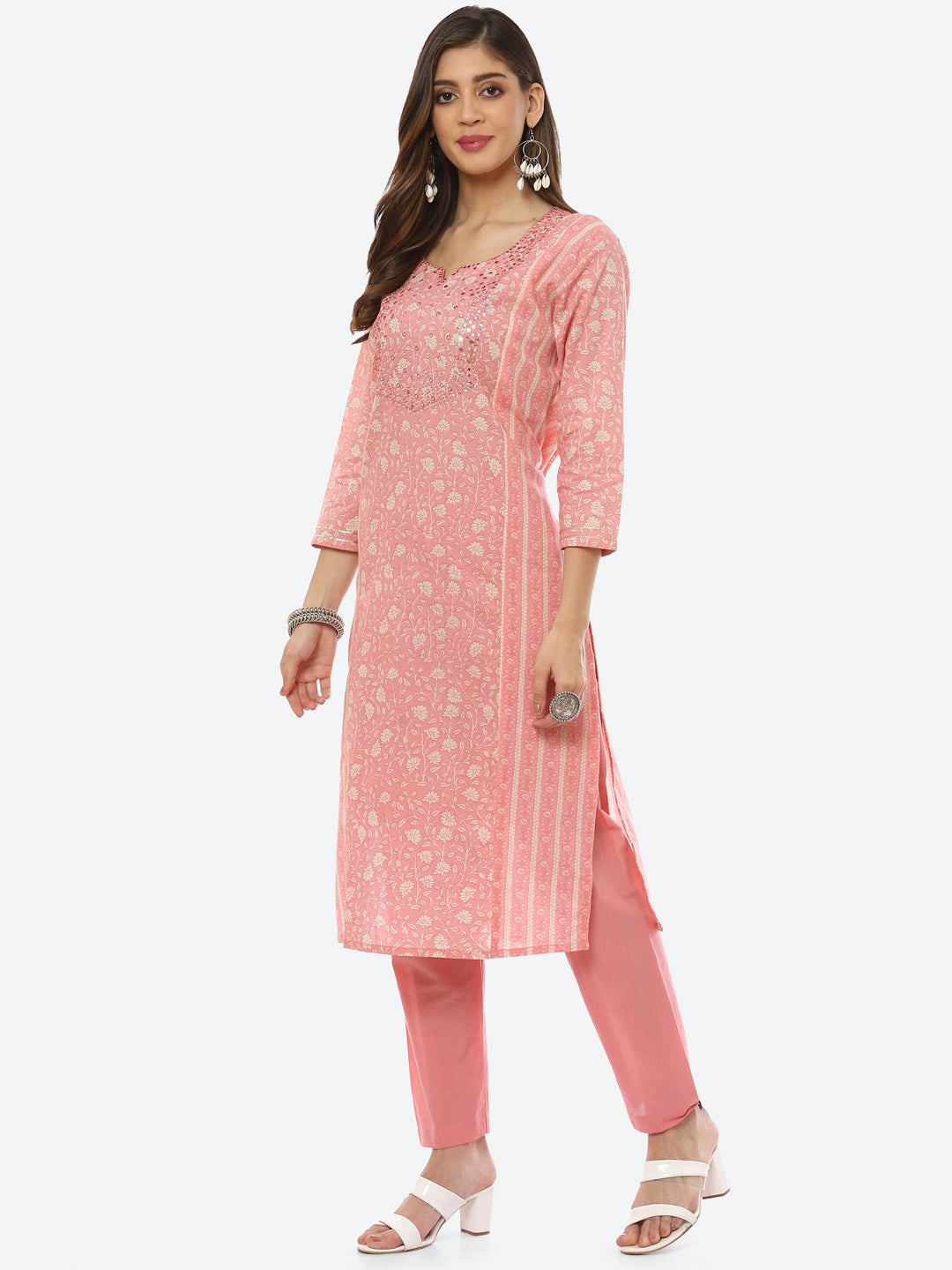 Mirror Work Printed Cotton Kurta With Pant