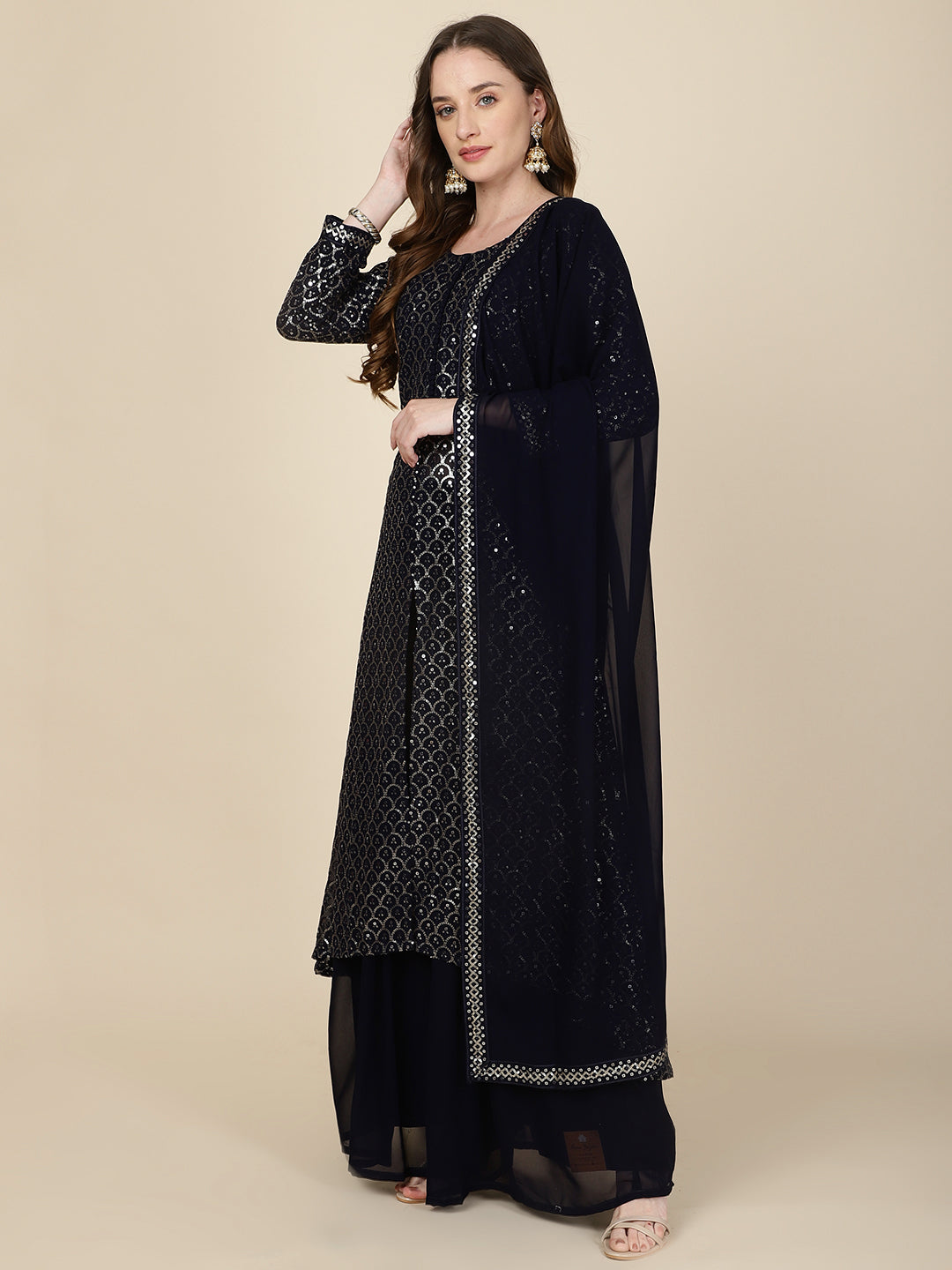 Resham Sequin Embroidery Georgette Kurta With Sharara &amp; Dupatta