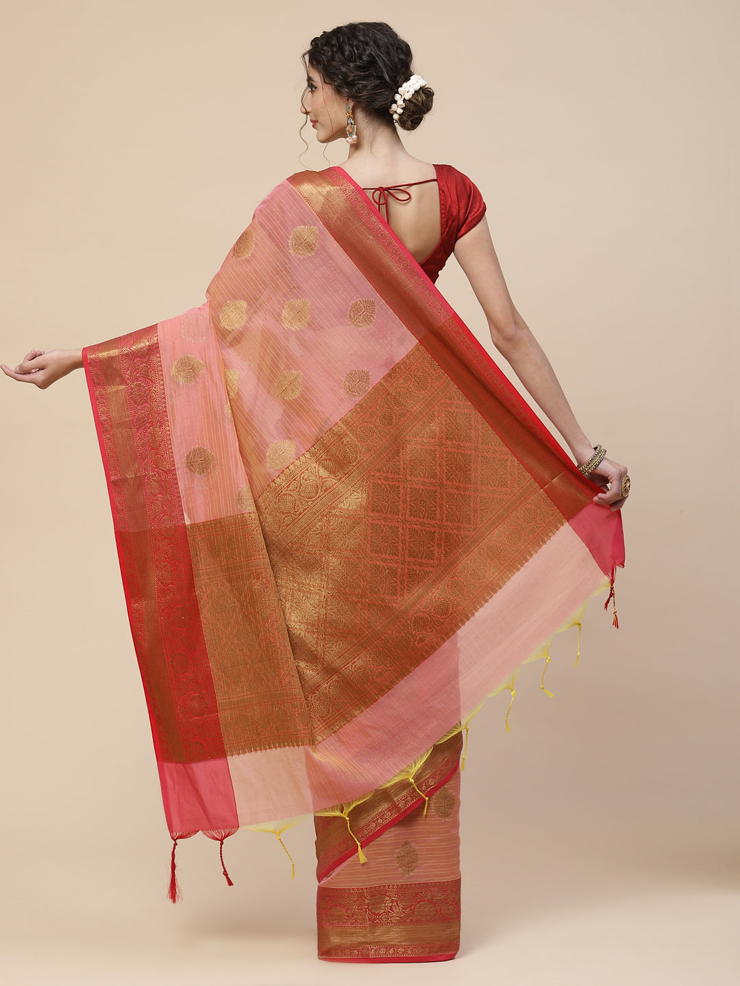 Zari Border Booti Cotton Chanderi Woven Saree