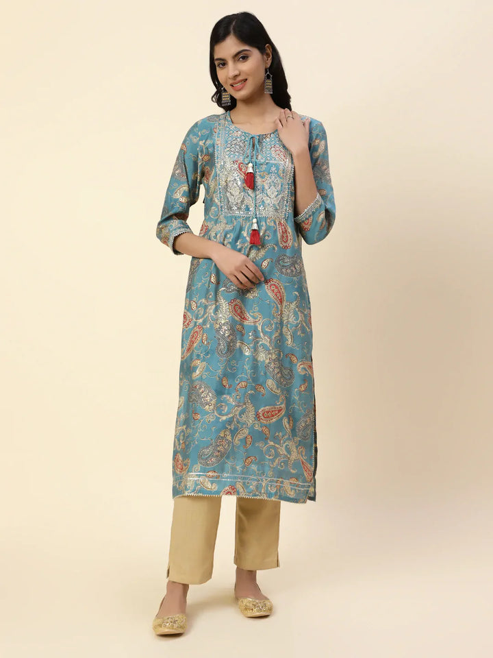 Printed With Yoke Embroidered Muslin Kurta