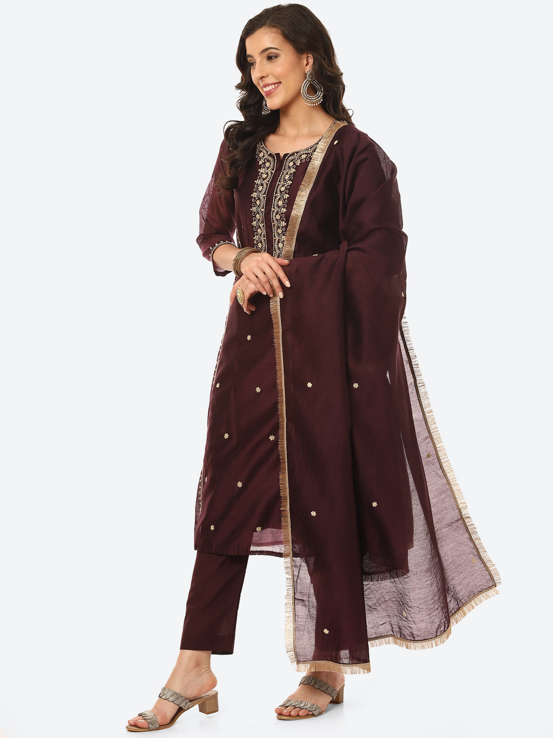 Zari Neck Embroidered Booti Chanderi Kurta With Pant &amp; Dupatta