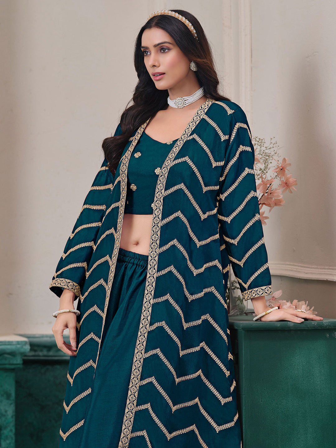 Embroidered Chinnon Choli With Plazzo &amp; Jacket
