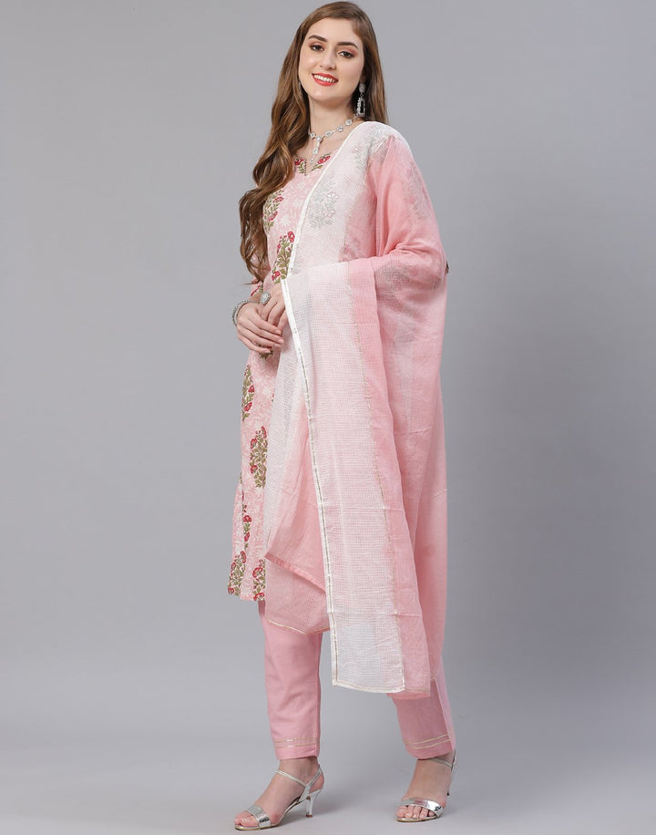 Dusty Green and Pink Cotton Salwar Kameez Stitched Suit