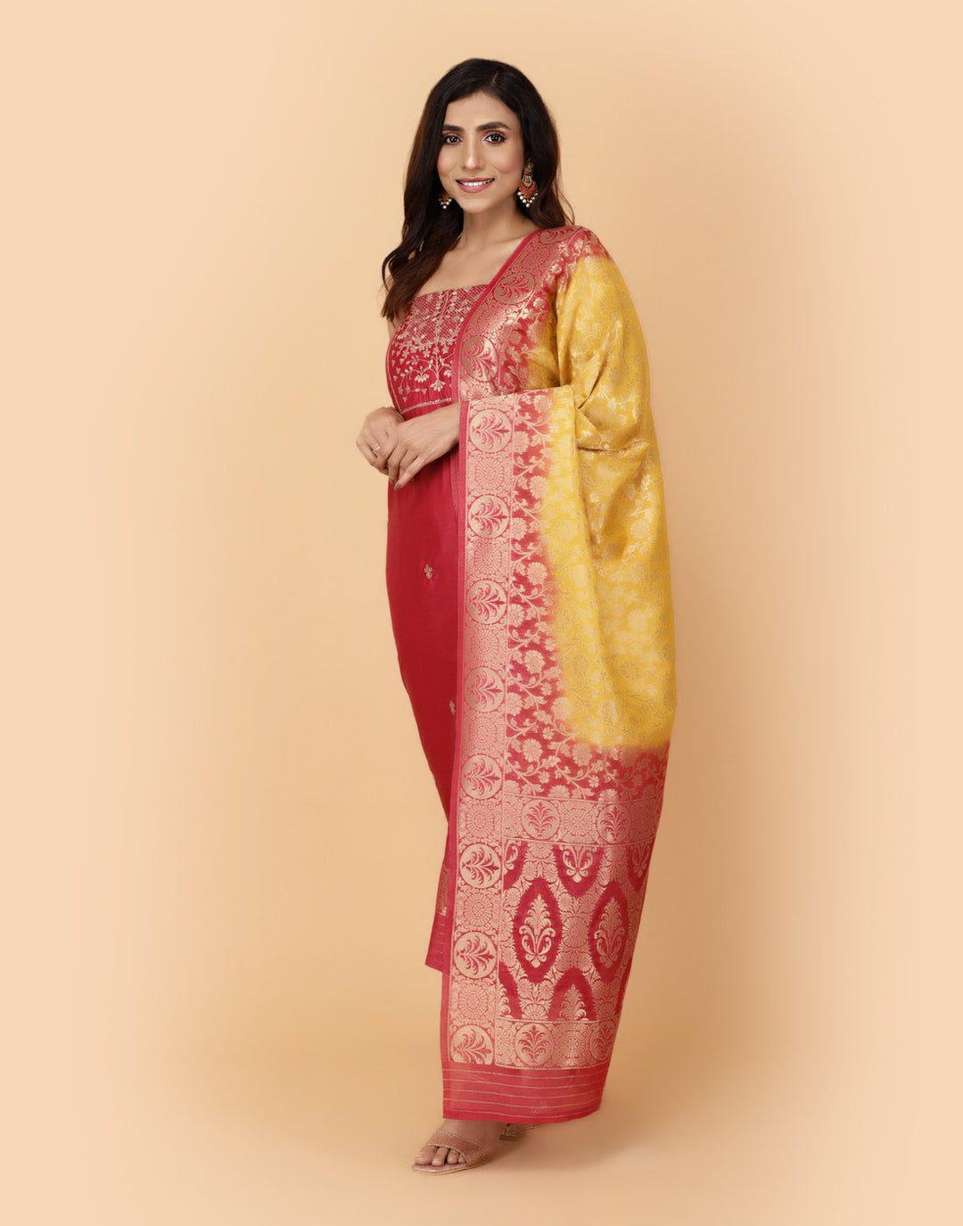 Embroidered Art Handloom Dupion Suit Piece With Banarasi Dupatta