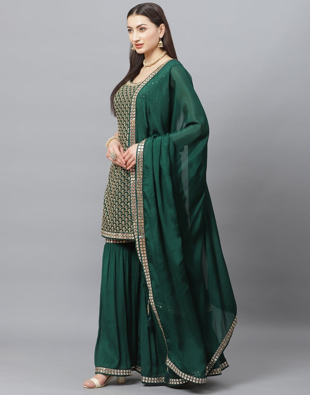 Elegant Red Art Crepe Stitched Gharara Set
