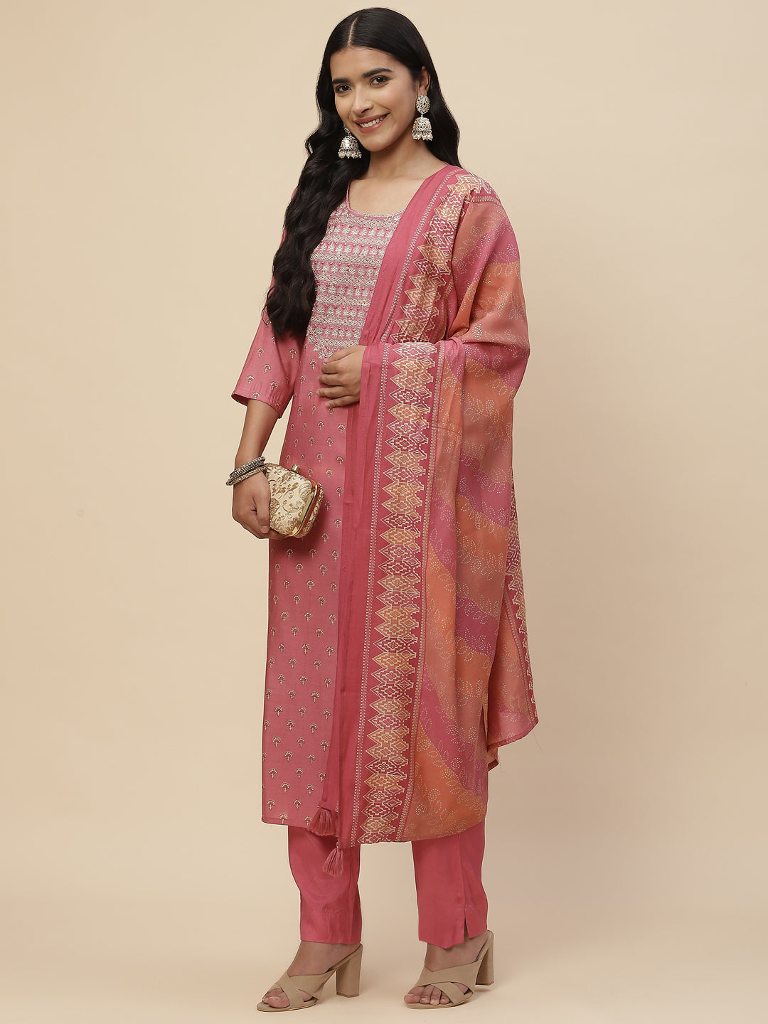 Printed Chanderi Kurta With Pants &amp; Dupatta