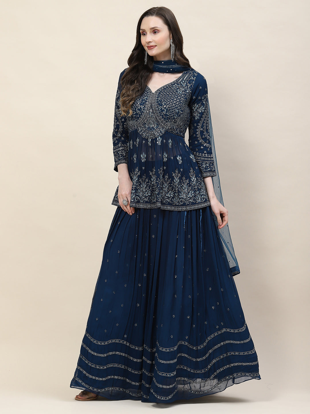 Sequin Zari Embroidered Georgette Choli With Lehenga &amp; Dupatta
