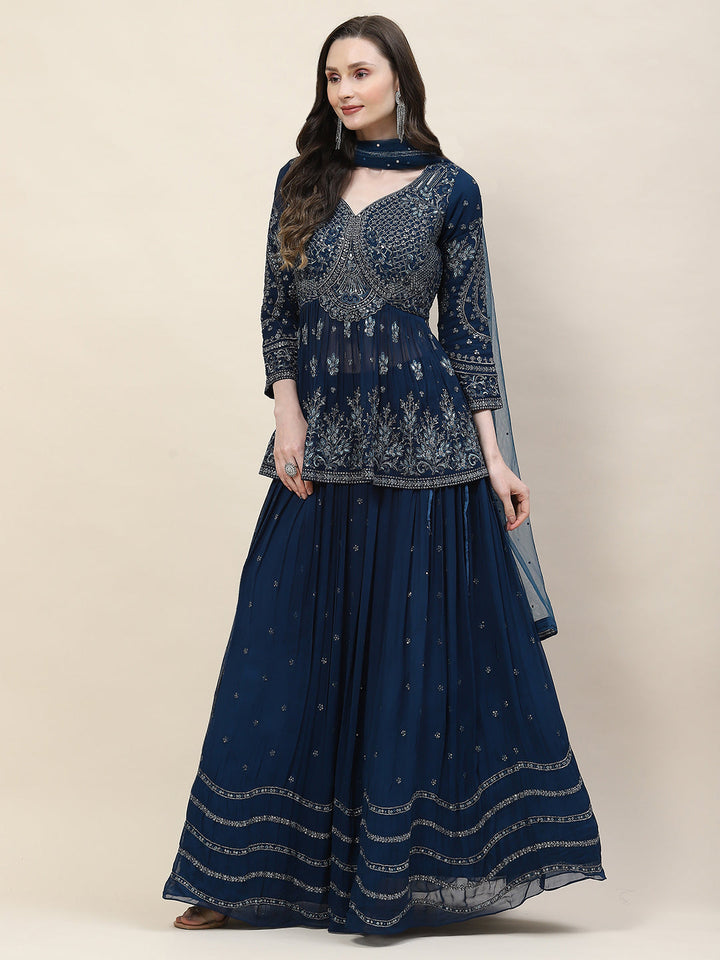 Sequin Zari Embroidered Georgette Choli With Lehenga &amp; Dupatta