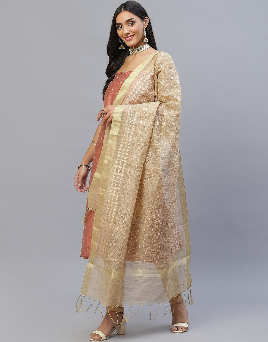 Chanderi Embroidered Suit Piece with fancy dupatta