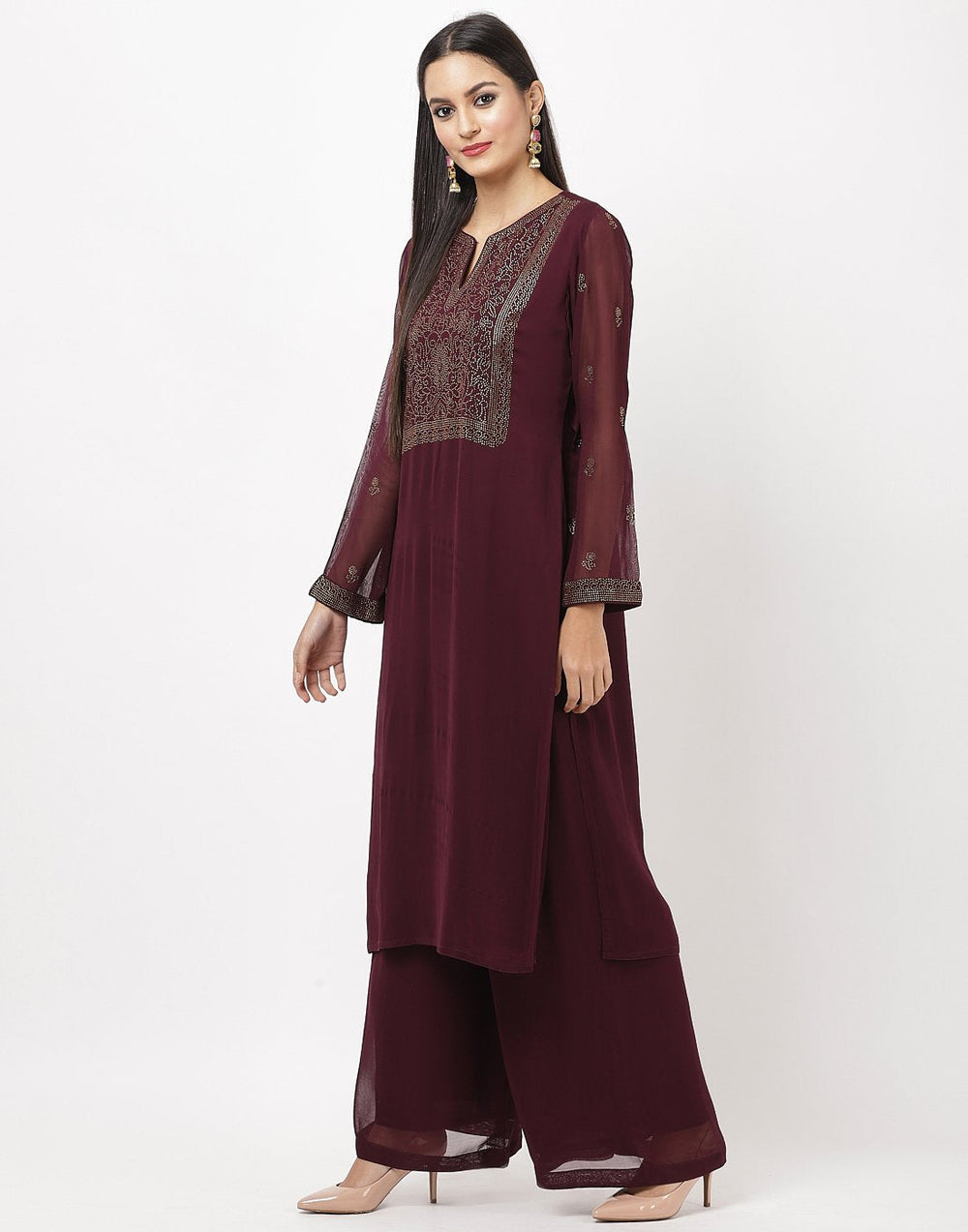 MBZ Meena Bazaar-Wine Georgette Kurti with Palazzo