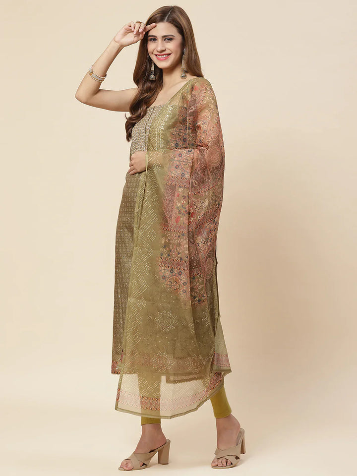 Neck Embroidered &amp; Printed Chanderi Unstitched Suit Piece With Dupatta