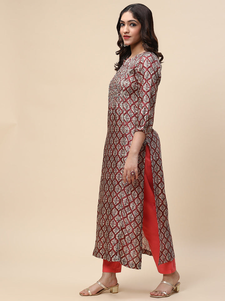 Zari Neck Embroidered &amp; Printed Satin Kurta