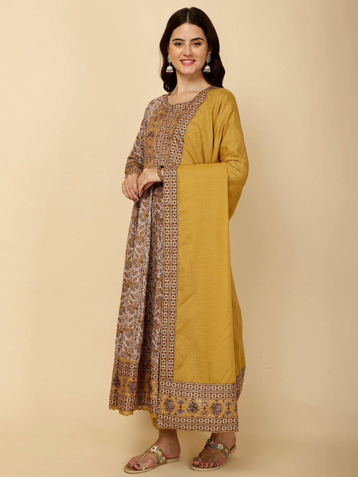 Floral Block Printed Anarkali Kurta With Pants &amp; Dupatta