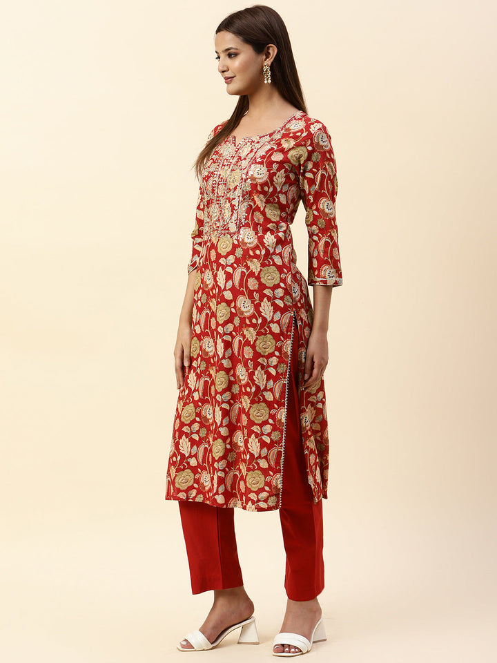 Printed &amp; Neck Embroidered Muslin Kurta With Pants