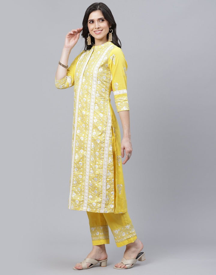 Printed Cotton Kurti Pant Set with Lace Detail