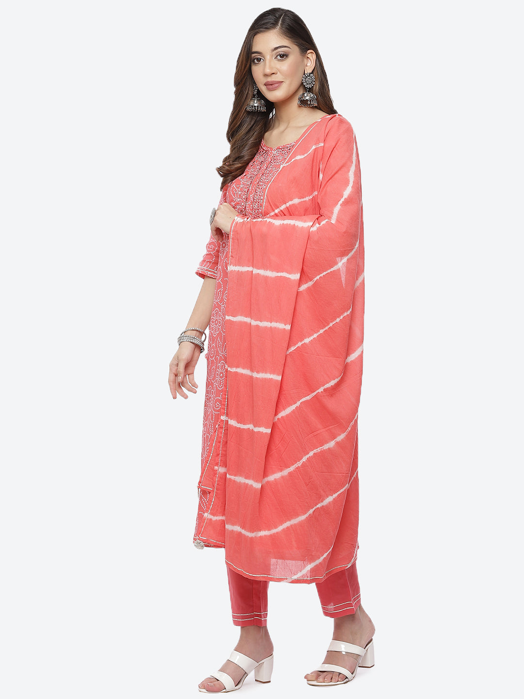 Resham Mirror Booti Cotton Kurta With Pant &amp; Chinone Dupatta
