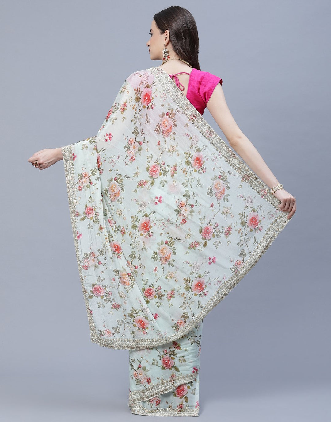 Digital Floral Printed Crepe Saree with Silver Zari Embroidery