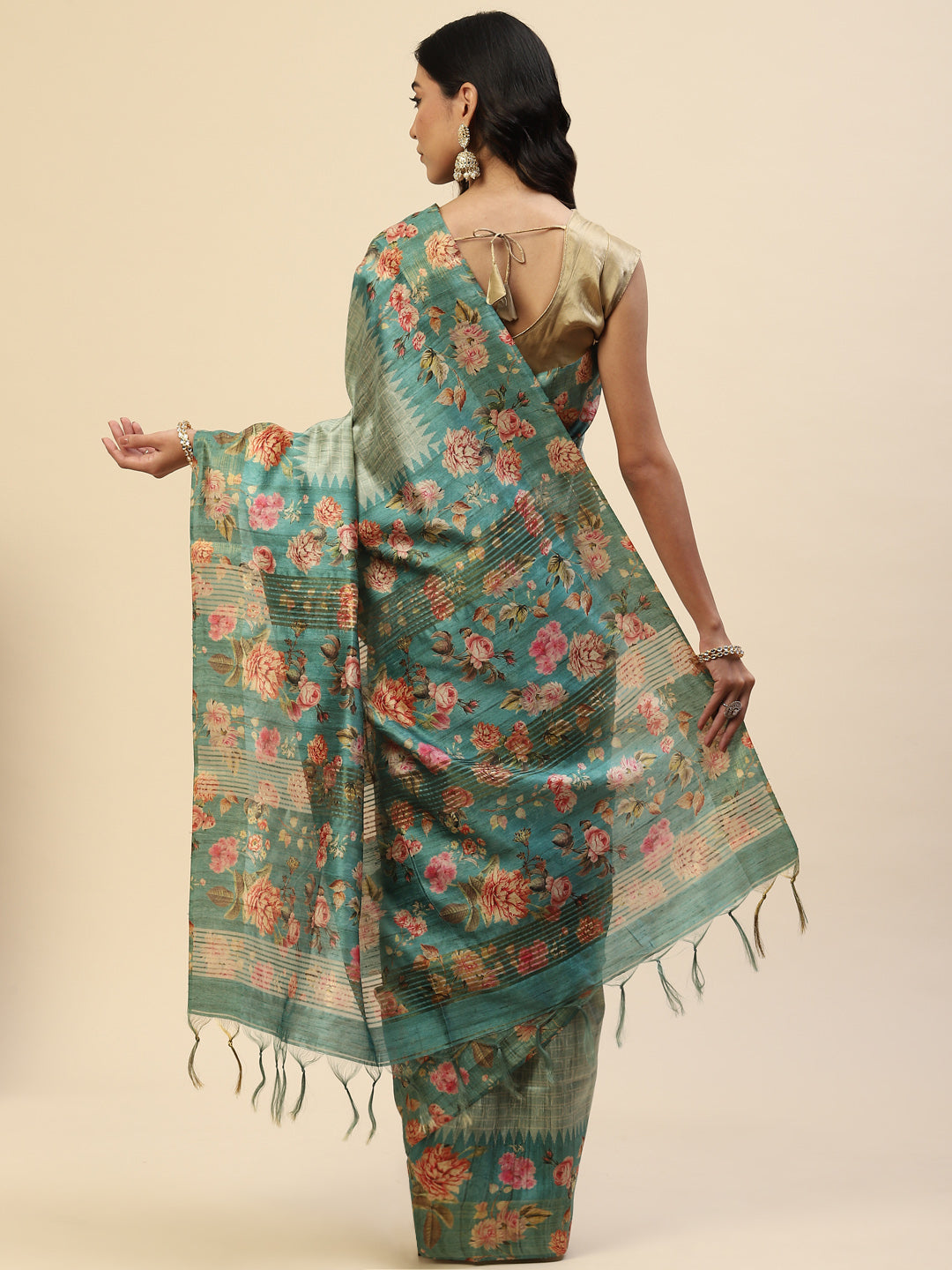 Digital Floral Zari Border Tussar Saree