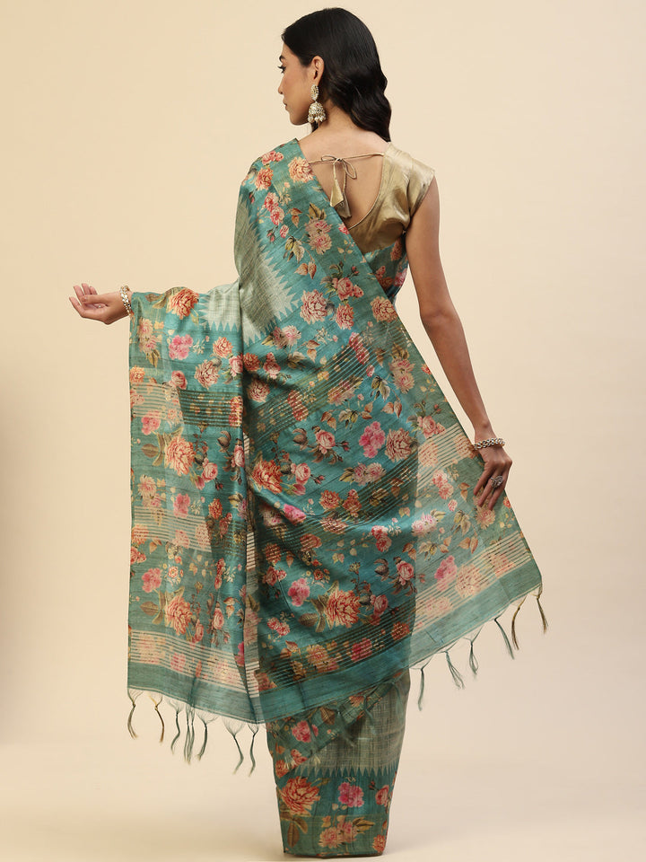 Digital Floral Zari Border Tussar Saree