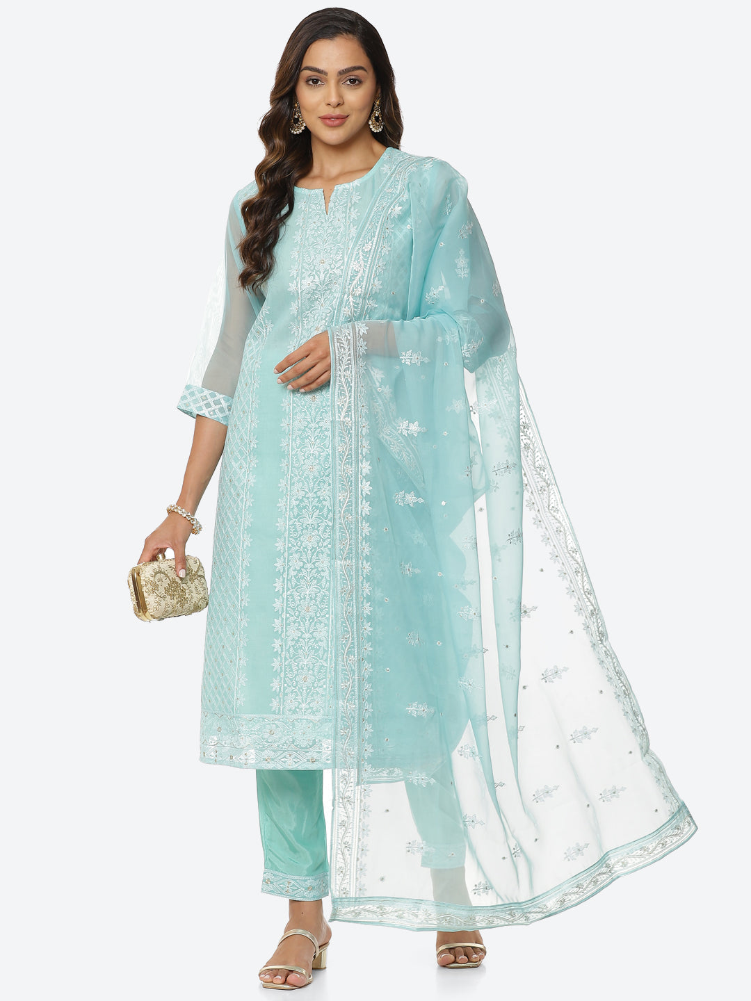 Resham Booti Organza Kurta With Pant &amp; Dupatta