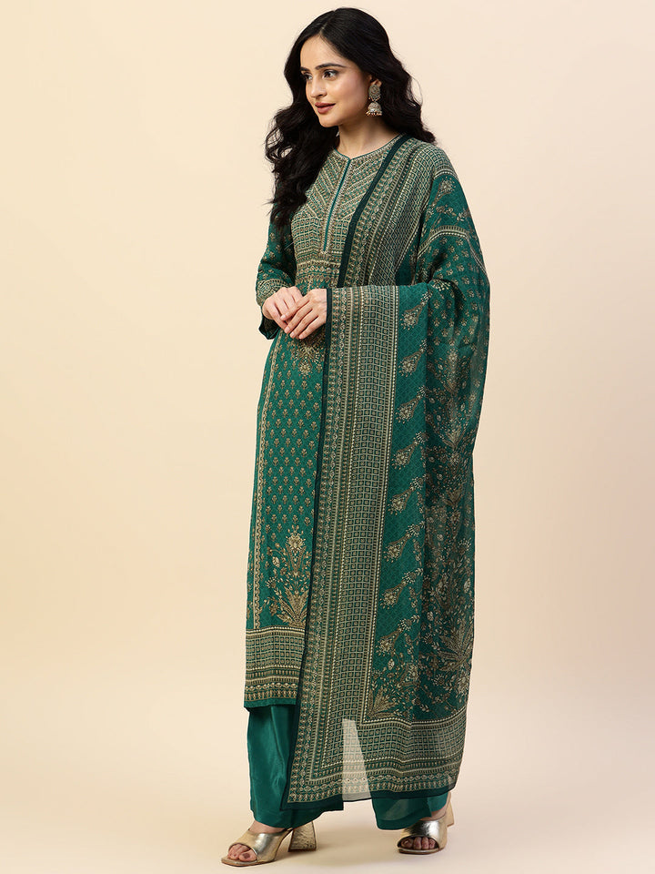 Digital Printed Crepe Kurta With Palazzo &amp; Dupatta