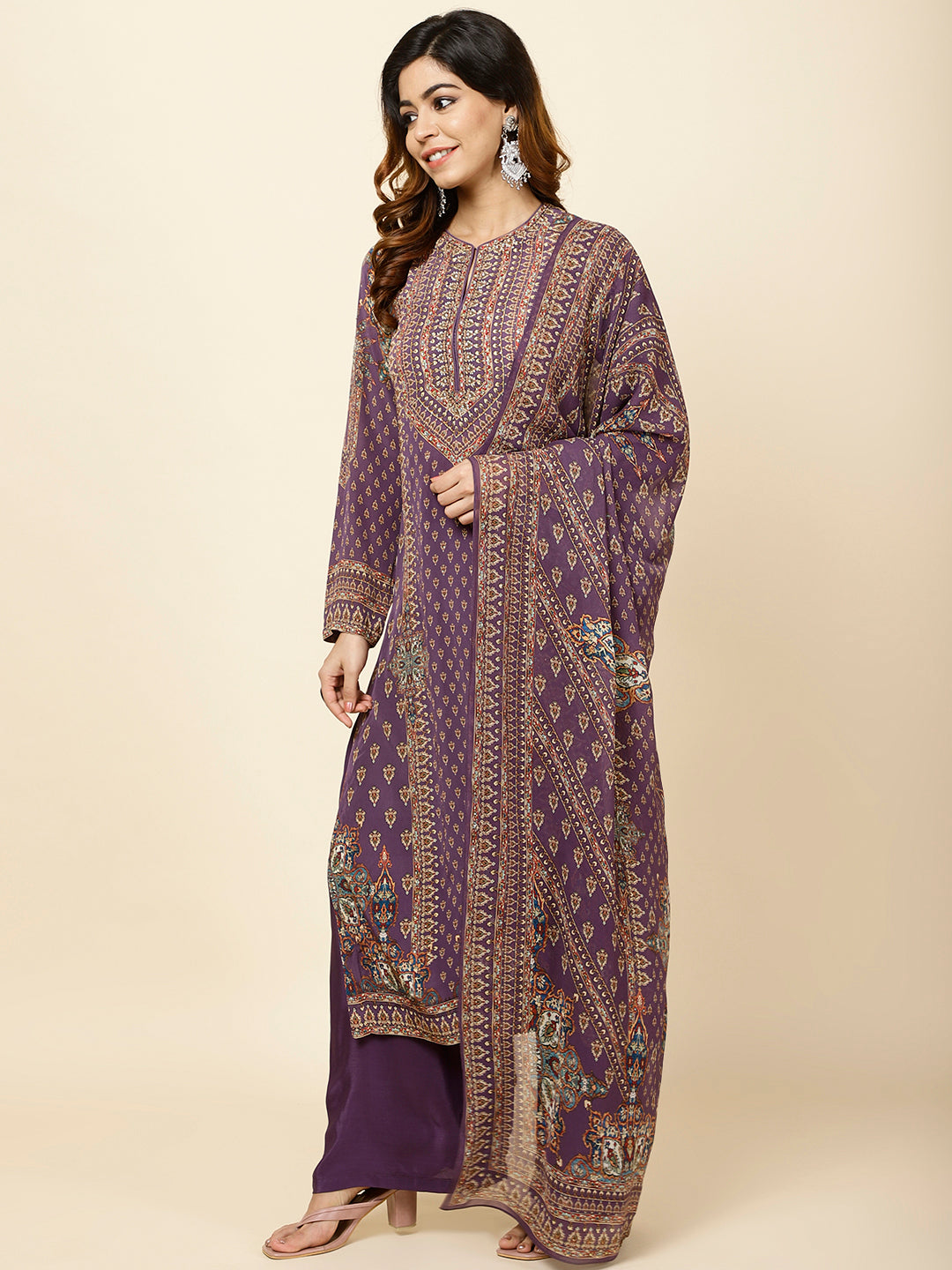 Digitally Printed Crepe Kurta With Palazzo &amp; Dupatta