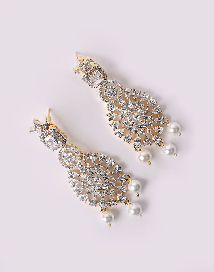 Gold Plated Earrings Embellished With Diamond Stone And Pearls