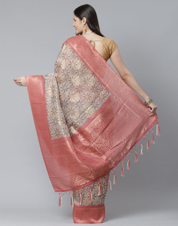 Floral Print With Contrast Border Cotton Chanderi Saree